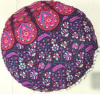 CRAFT KALA Mandala Floor Pillow Cushion Cover Seating Throw Cover Hippie Decorative Bohemian Ottoman Pouf Pom Pom Pillow Cases Boho Indian Cotton Living Room Home Décor 24" Round Set Of 2, Pink Mirchi