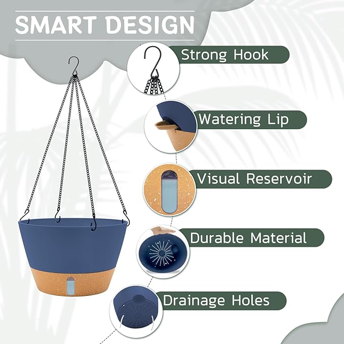 ZMTECH 12 Inch Hanging Planters for Indoor Plants, Large Blue Self Watering Hanging Planter with Visible Water Level & Heavy Duty Chain, Modern Flower Pots for Outdoor Patio Decor