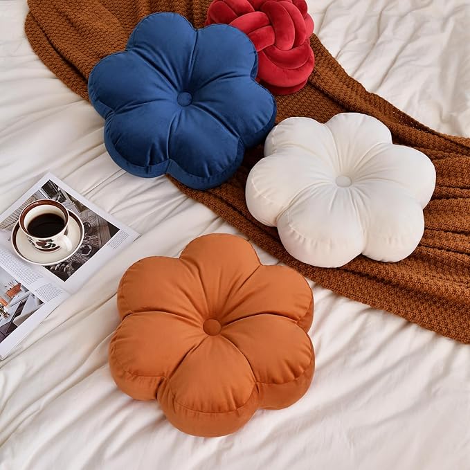 Xuyier Flower Pillow, Flower Shaped Pillow with Velvet for Couch Bed Chair Sofa, Home Decor Floor Seating Cushion Cute Throw Pillows for Living Room Bedroom (15 Inches, Wine Red)