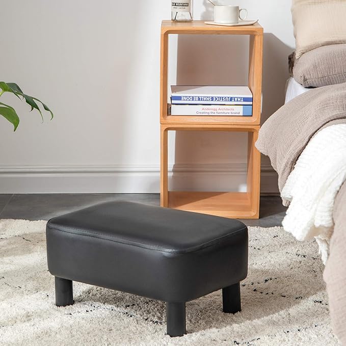 IBUYKE 16.54" Small Footstool, PU Faux Leather Step Stool, with Padded Seat Pine Wood Legs and Padded Rectangular Stool, for Bedroom, Black RF-BD210