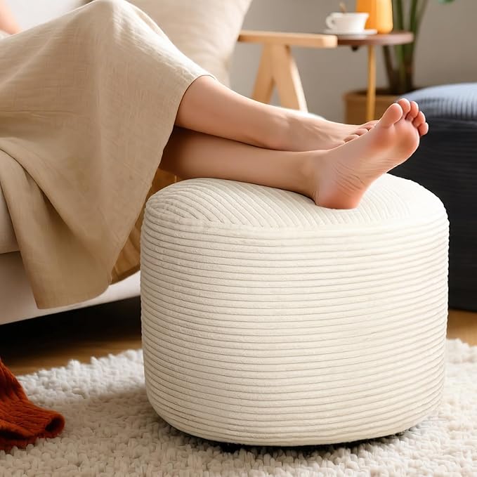 Round Corduroy Ottoman Foot Rest Pouf for Living Room Couch - Soft Plush Shredded Foam Filled Hassock Stool, Comfy Footstool
