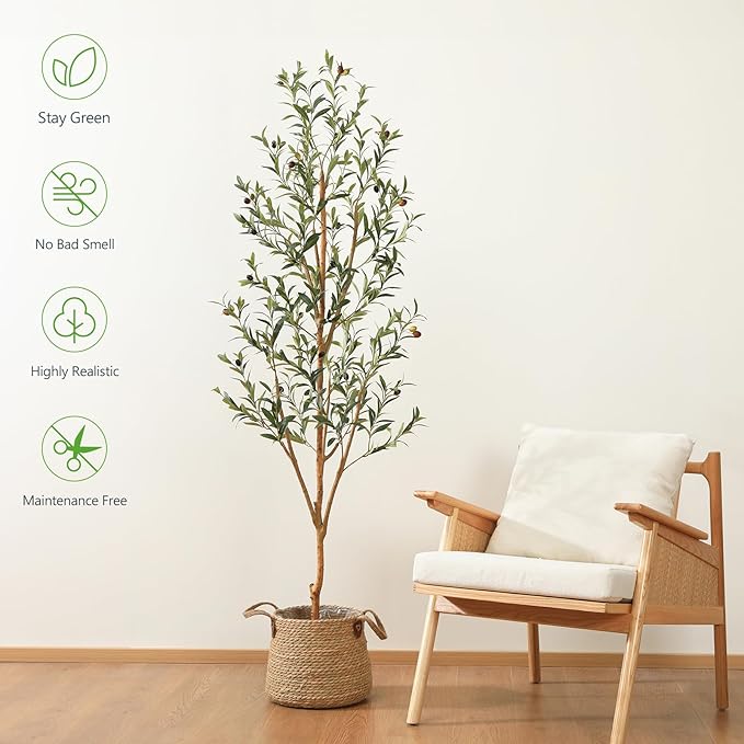 Kazeila Artificial Olive Tree 6FT Tall Faux Silk Plant for Home Office Decor Indoor Fake Potted Tree with Wood Branches and Fruits