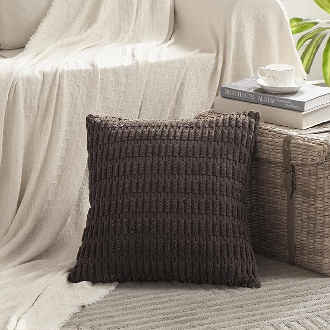 Fancy Homi 4 Packs Boho Dark Brown Decorative Throw Pillow Covers 16x16 Inch for Living Room Couch Bed Sofa, Rustic Modern Farmhouse Home Decor, Soft Plush Corduroy Cute Square Cushion Case 40x40 cm