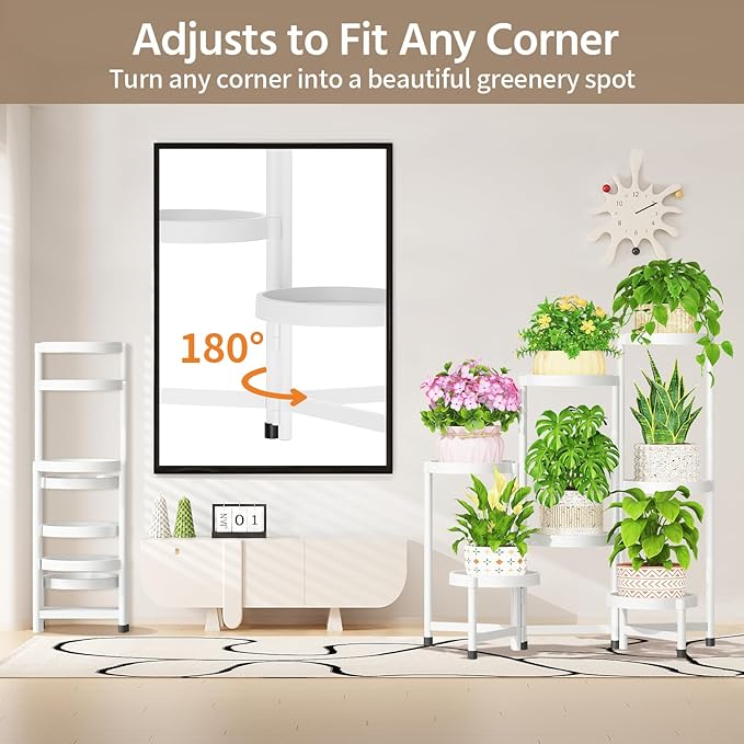 LASZOLA 7 Tiered Plant Stand Indoor Outdoor with Plastic Tray, Corner Folding Tall Flower Display Rack, Modern Plant Holder Shelf for Outdoor Patio Porch Garden Office Living Room, White