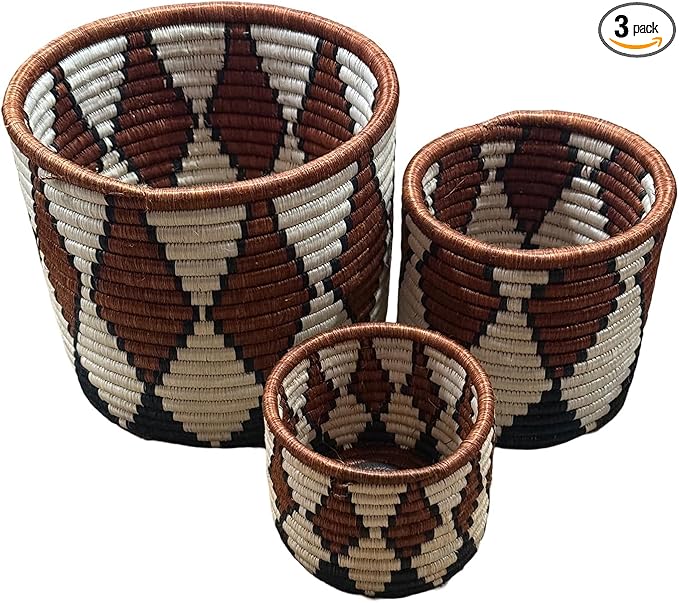 Handwoven African Planter Baskets (Set of 3) Sisal basket for Indoor Plant Pots Vase Home decor Storage Organizer Zen Designs Arts and Crafts (Brown and Natural Black)