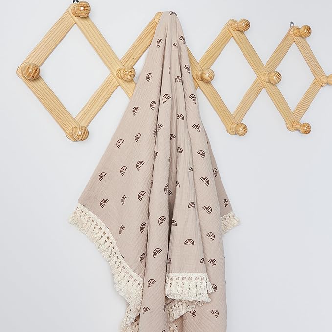 insular Cotton Muslin Baby Blanket with Tassel, Boho Bohemian Muslin Swaddle Blanket Baby Receiving Blanket with Fringe, Nursery Decor Throw or Nursing Blankets, 47" x40”, Khaki Rainbow
