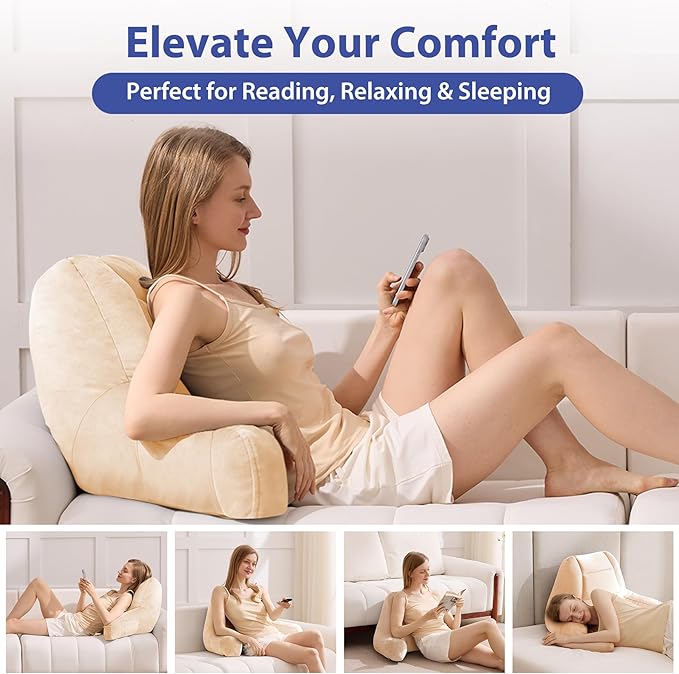 Reading Pillows for Sitting in Bed Adult, Back Pillow for Bed Sitting Up, Backrest Pillows with Shredded Foam for Adult&Teens, Support Pillow with Arms for Beds, Couch, Floor, 24in, Beige