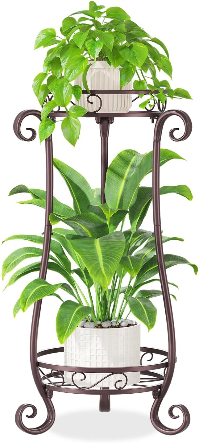 iDavosic.ly 2 Tier Metal Plant Stand Indoor Outdoor, Iron Corner Tall Flower Pot Holder Shelf, 27 Inch Vertical Heavy Duty Display Rack for Patio Porch Living Room Garden, Bronze