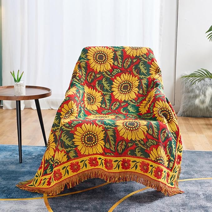 Red Sunflower Throw Blanket with Fringe Boho Throw Blankets Recliner Chair Couch Sofa Cover Woven Reversible Cotton Bohemian Tapestry Hippie Room Home Decor Double Side 70"x90"