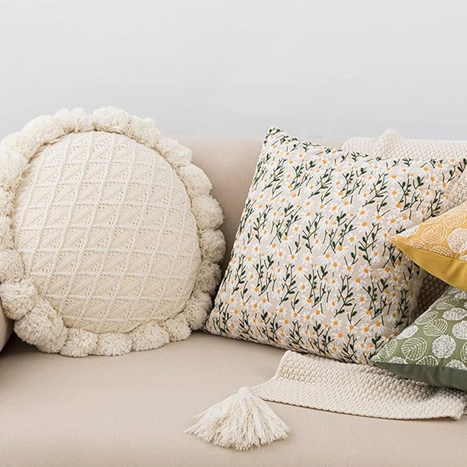 vctops Boho Floral Embroidery Decorative Throw Pillow Cover Daisy Embroidered Linen Cushion Cover for Couch Sofa Bed (Daisy,18"x18")