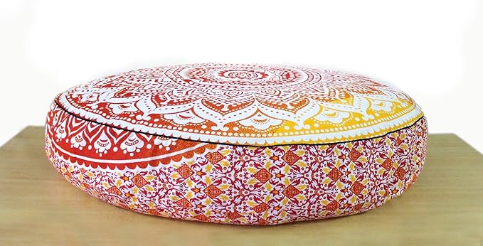 Large Hippie Mandala Round Floor Pillow Cover Ottoman Pouf Cover Daybed Cotton Cushion Cover with Heavy Duty Zipper Seating Ottoman Poufs Dog-Pets Bed 35" (Yellow/ Orange Ombre, 35" Round)