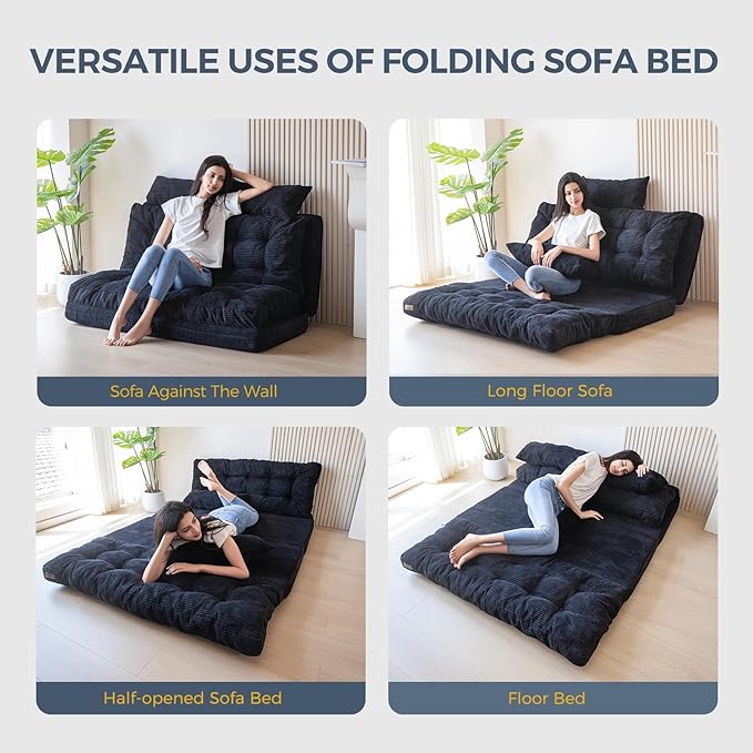 MAXYOYO Folding Sofa Bed, Tufted Bean Bag Bed with Pillows Floor Mattress for Adults, Extra Thick and Long Floor Sofa, Full Floor Couch Bed for Bedroom Living Room, Black, 54x91 Inch