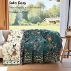 Boho 100% Cotton Large Throw Blanket - All Season Rustic Ultra Soft Breathable Floral Bird King Blanket for Bed Sofa Couch Chair Bedspread Quilt Gift, 91" x 98"-Teal/Beige