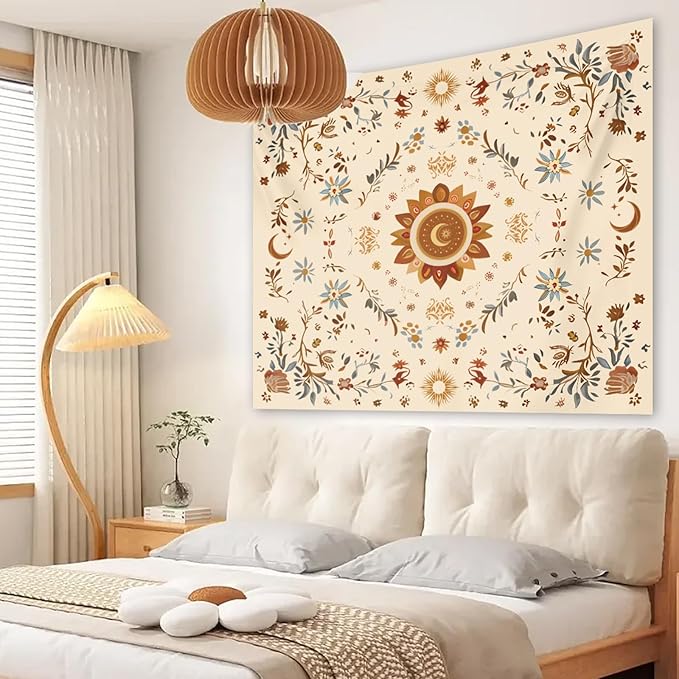 Apdidl Boho Sun Floral Tapestry Wall Hanging Bedroom Aesthetic, Bohemian Vintage Moon Girl Room Decor Tapestries, Cute India Hippie Outdoor Wall Covering for Living Room Dorm (51"X60")