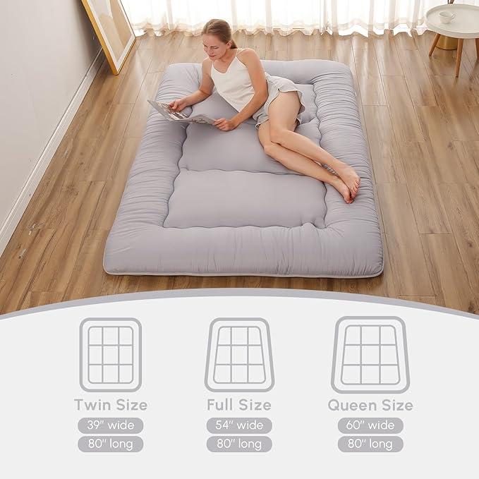 Japanese Floor Mattress, Futon Mattress with Storage Bag and Washable Cover, Roll Up Tatami Mat Suitable for Guest Room, Grey, Full