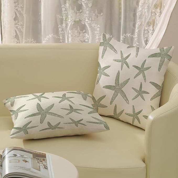 Sage Green Starfish Pillow Covers 18x18 Set of 2 Coastal Throw Pillows Spring Summer Nautical Ocean Theme Beach Decorative Pillow Cases Farmhouse Outdoor Decor Cushion Case for Home Bedroom