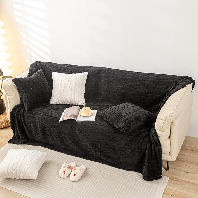 YUSOKI Sherpa Large Throw Blanket Single Layer,Light Weight(1.7lb),370GMS-3D Stylish Design for Gift Home Decor (Black,50"x65")