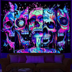 Heopapin Blacklight Skull Art Tapestry UV Reactive Neon Skeleton Butterfly Tapestries Trippy Blacklight Horror Face Tapestry Halloween Aesthetic Wall Decor Tapestries for Home W92×H70