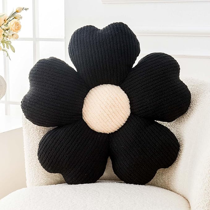 Flower Throw Pillow, Cute Flower Shaped Pillow Decorative Throw Pillow for Bed Couch, Soft Daisy Pillows Floor Seating Cushion Cushions (19.6 Inch Black)
