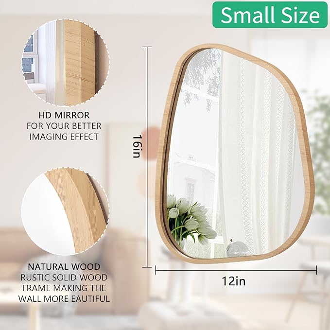 Irregular Bathroom Mirror Modern Wall Mirror Asymmetrical Wooden Framed Wall Mirror Unique Shape Wall Mounted Vanity Artistic Mirror Decor for Living Room Bedroom Entryway Small 16"x12"