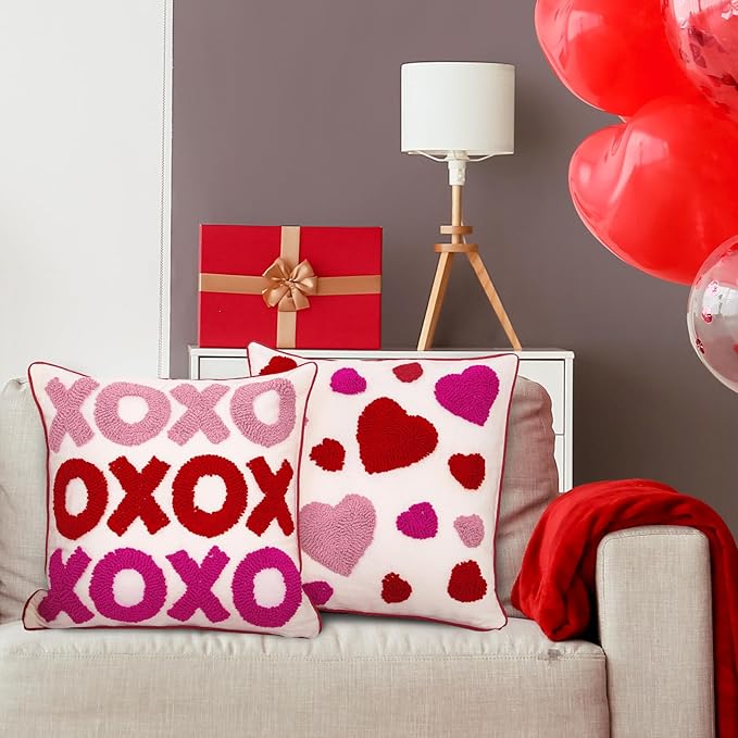 Valentine's Day Throw Pillow Covers 18x18 Inch Set of 2 Red Pink Heart Love Couples Decorations Embroidery Cushion Case for Anniversary Wedding Gift Lover Bedroom Sofa Couch Holiday Home Decor