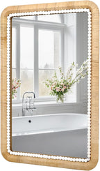 FUIN 30x20 Inch Rattan Wall Mirror with White Bead Trim, Handmade Boho Bathroom Vanity Mirror, Natural Rectangular Hanging Mirror for Bedroom, Living Room, Entryway, Vertical or Horizontal Mount