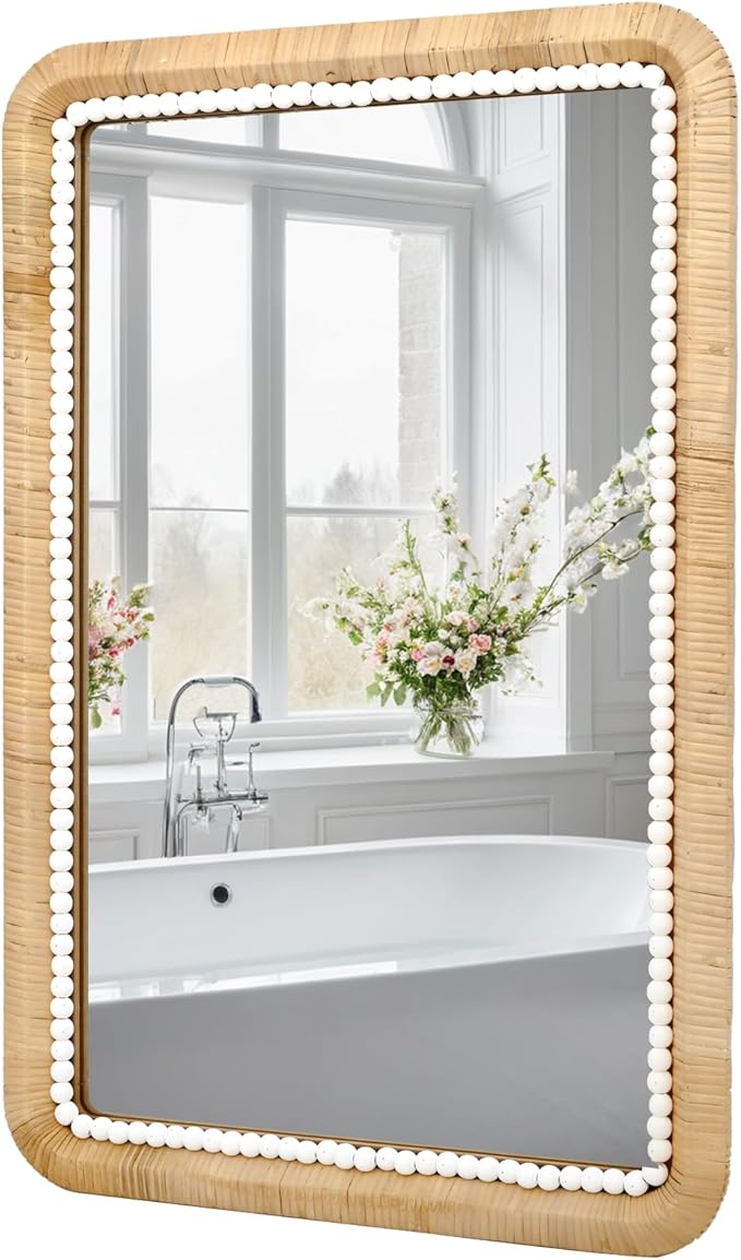 FUIN 30x20 Inch Rattan Wall Mirror with White Bead Trim, Handmade Boho Bathroom Vanity Mirror, Natural Rectangular Hanging Mirror for Bedroom, Living Room, Entryway, Vertical or Horizontal Mount