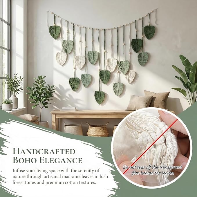 Macrame Wall Hanging, 47x29 inch Large Boho Woven Tapestry Wall Decor Chic Home Wall Art Modern Bohemian Handmade Green Leaf Feather Macrame Tapestry for Bedroom Apartment Living Room Backdrop Decor