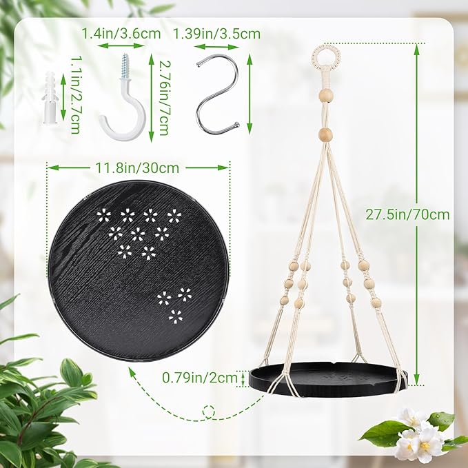 SUREAM Indoor Hanging Planter Shelf, Black Macrame Plant Hanger, Handmade Cotton Plant Hangers with Wood Tray, Planter Flower Pots Holder for Window Wall Ceiling Home Porch Patio Decor