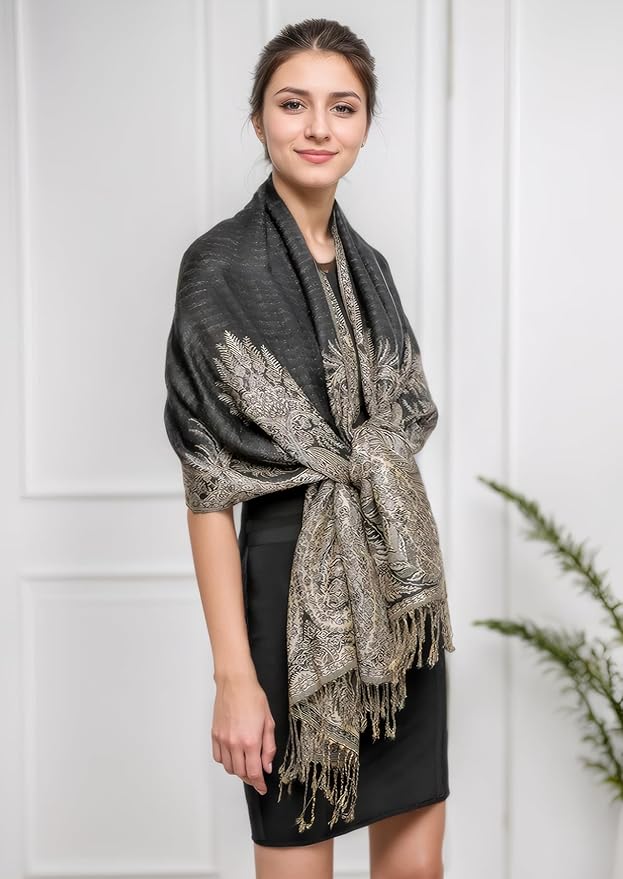 Achillea Reversible Paisley Pashmina Rave Scarf – Exotic Indian Shawls and Wraps for Evening Dresses, Festivals, All Seasons