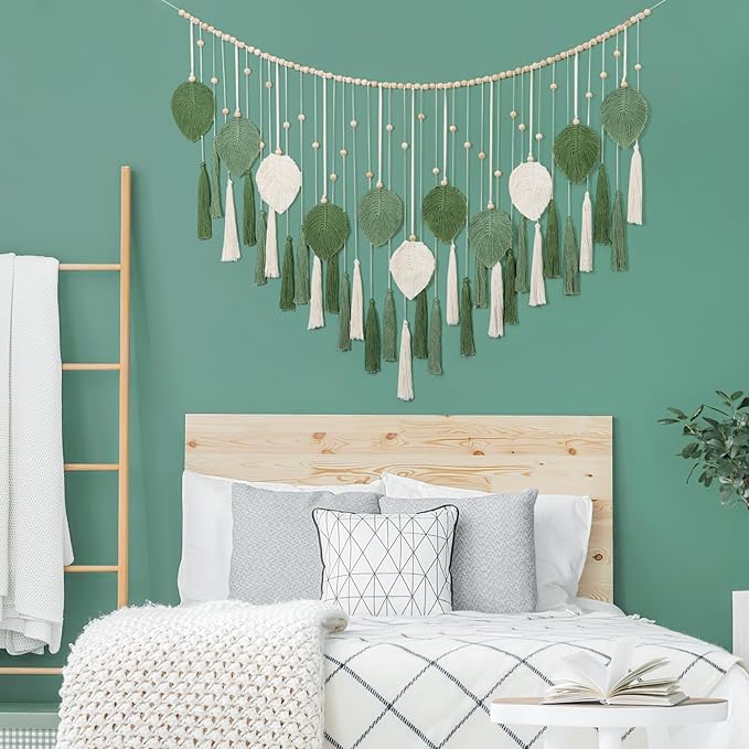 Betylifoy Large Macrame Wall Hanging Boho Handmade Woven Tapestry with Wood Beads Beige Green Chic Leaf Feather Boho Wall Art Decor Macrame Tapestry Wall Decor for Bedroom Living Room Nursery Apartment 51.2"W X 31.5"L