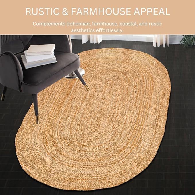 Handcrafted Jute Braided Rug 3x5 Feet Oval - 100% Natural Jute Area Rug - Rustic Farmhouse Boho Accent Rug for Living Room Bedroom Kitchen Entryway Reversible Handwoven Floor Rug