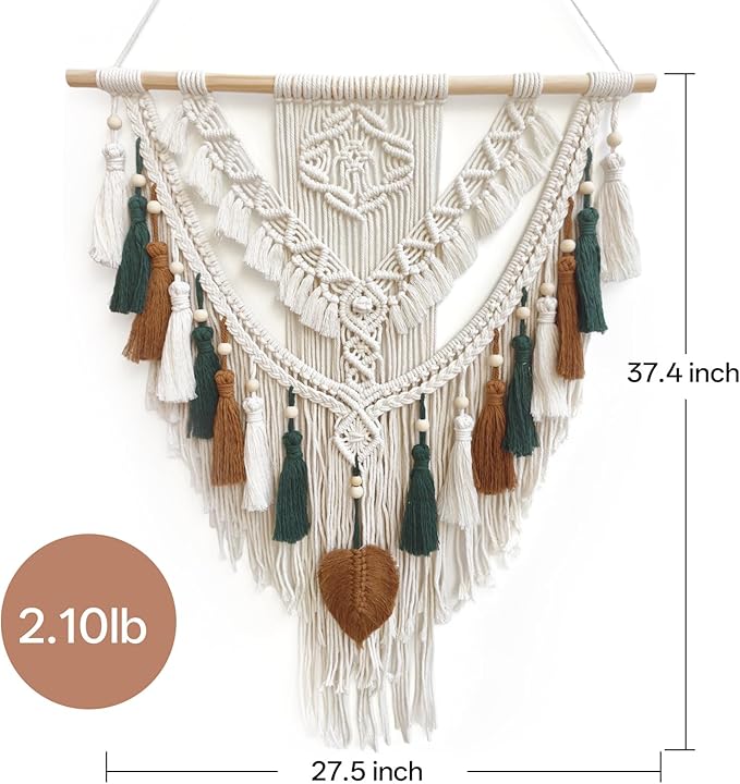 lokeisna Macrame Wall Hanging, Woven Tapestry Beige & Dusty Rose Handmade Craft Macrame Wall Decor, Gallery & Nursery, Size 37.4” Lx27.5” W Brown Green