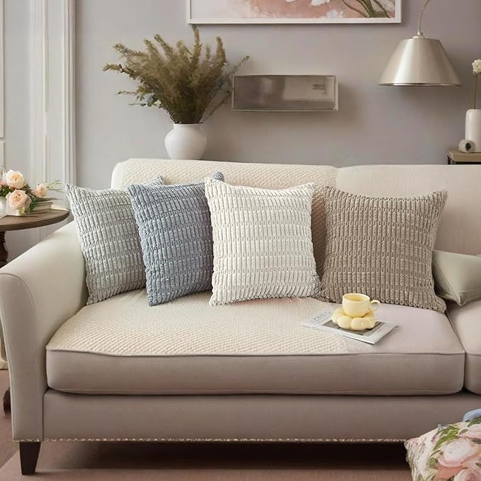 4 Pack Neutral Corduroy Decorative Boho Couch Throw Pillow Covers 18x18 Inch for Sofa Living Room Bedroom Home Decor