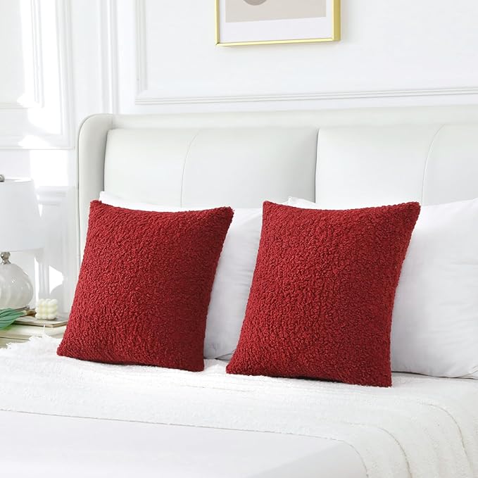 FUTEI Maroon Throw Pillow Covers 26x26 Inch Set of 2,Furry Faux Fur Teddy Boucle Textured Cushion Covers,Soft Fluffy Decorative Euro Pillow Shams,Home Decor for Couch Bed Living Room Office Car