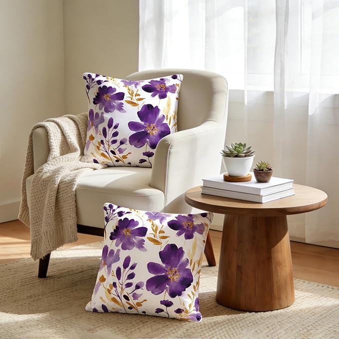 Purple Gold Watercolor Floral Throw Pillow Covers 18x18 Set of 2, Boho Gold Accent Flower Decorative Pillowcases, Spring Easter Farmhouse Cushion Covers for Couch Sofa Bedroom Living Room Home Decor