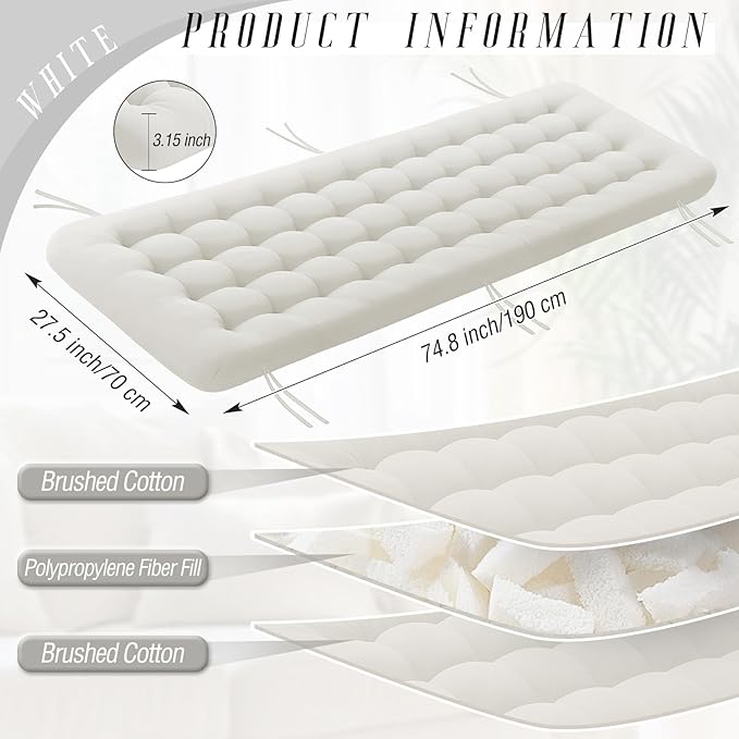 Long Floor Cushion Large Floor Cushion with Brushed Cotton 74.8 x 27.5 x 3.15 in Jumbo Lounger Pillow for Outdoor Indoor Bay Window Meditation Yoga Reading Sleeping(1 Pc,White)