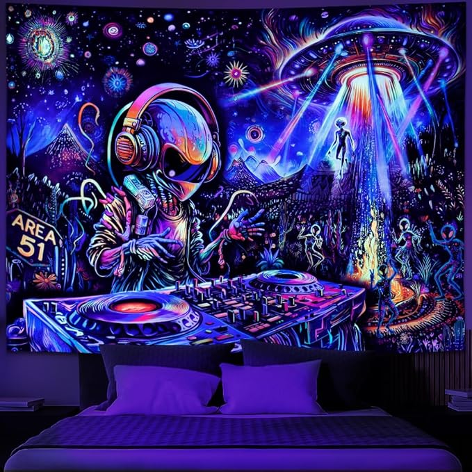 Galoker Blacklight Alien UFO Tapestry Trippy Galaxy Planet Tapestry UV Reactive Funny DJ Music Wall Tapestries Plant Cactus Tapestries Wall Hanging for Home Decor(51.2"x59.1")