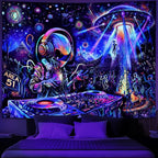 Galoker Blacklight Alien UFO Tapestry Trippy Galaxy Planet Tapestry UV Reactive Funny DJ Music Wall Tapestries Plant Cactus Tapestries Wall Hanging for Home Decor(70.8"x92.5")