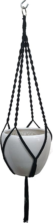 4 Legs Polypropylene Fiber Rope Macrame Plant Hanger Hanging Planter Holders Black& White Color, 48-inches for 10-12" Pot (Black)