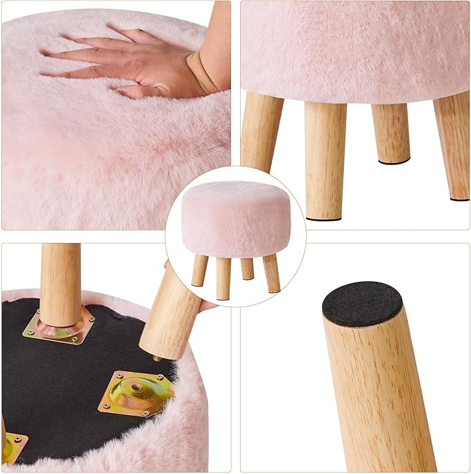 YMYNY Round Pouf Ottoman Small Foot Stool Faux Fur Foot Rest for Couch Modern Boho Footstools with Wood Legs for for Living Room Bedroom Office 12.6" D×12.6" W×12.6" H Pink UHBD035P