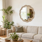30 Inch Round Wall Mirror, Antique Brown Solid Wood Frame with Wavy Scalloped Edge & Beaded Trim, Vintage Farmhouse Decorative Mirror for Bedroom, Bathroom, Living Room, Entryway