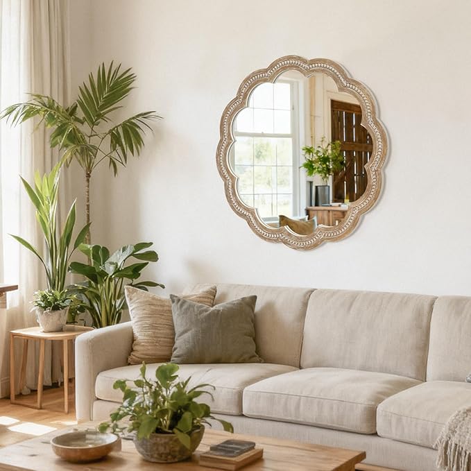30 Inch Round Wall Mirror, Antique Brown Solid Wood Frame with Wavy Scalloped Edge & Beaded Trim, Vintage Farmhouse Decorative Mirror for Bedroom, Bathroom, Living Room, Entryway