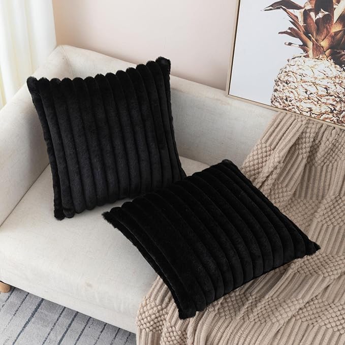 ZLINA Set of 2 Black Faux Fur Decorative Throw Pillow Covers Fluffy Striped Pillowcase Cushion Covers 18 x 18 Inch Decor Sofa Couch Bedroom