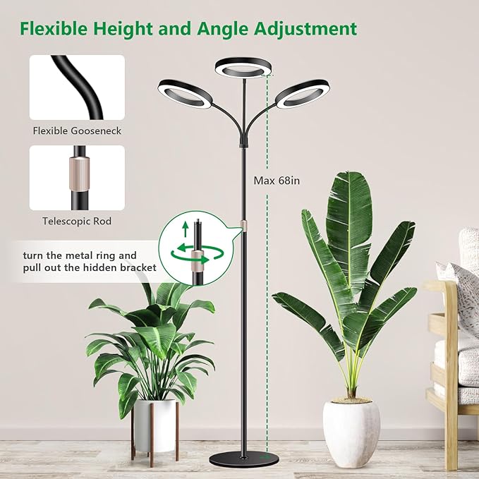 Grow Lights for Indoor Plants, 3 Head Full Spectrum Plant Light with 68" Adjustable Stand for Growing Large Tall Plants, Black Halo Floor LED Grow Lamp with 16 Hour Timer