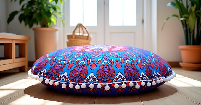 CRAFT KALA 22" Round Boho Floral Floor Pillow Cover, Purple, 22" Diameter, Cotton Fabric, Soft, Indoor Use, Washable