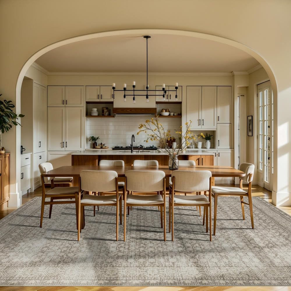 9x12 Washable Area Rug for Living Room, Extra Large Neutral Vintage Boho Rugs for Dining Room, Kids Room, Farmhouse, Durable Low Pile Non Slip Carpet for High Traffic Areas, Apricot - color: Apricot, size: 9' x 12' (Rectangular)
