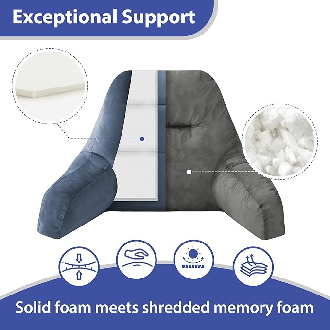 Reading Pillows for Sitting in Bed Adult, Back Pillow for Bed Sitting Up, Backrest Pillows with Shredded Foam for Adult&Teens, Support Pillow with Arms for Beds, Couch, Floor, 24in, Navy Blue