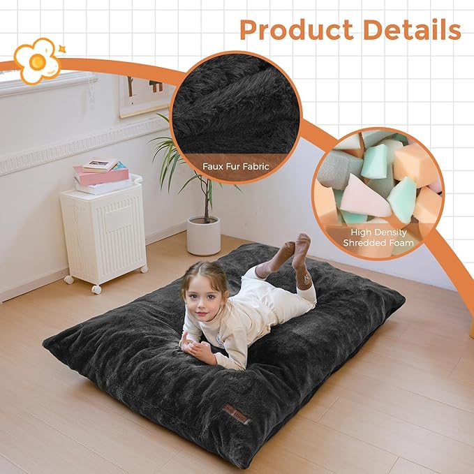MAXYOYO 3 in 1 Kids Bean Bag Chair Bed, Child Floor Sofa for Gaming, Reading, Faux Fur Floor Mattress with High-Density Foam Filling for Living Room Bedroom