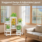 LASZOLA 6 Tiered Plant Stand Indoor Outdoor with Plastic Tray, Corner Folding Tall Flower Display Rack, Modern Plant Holder Shelf for Outdoor Patio Porch Garden Office Living Room, White